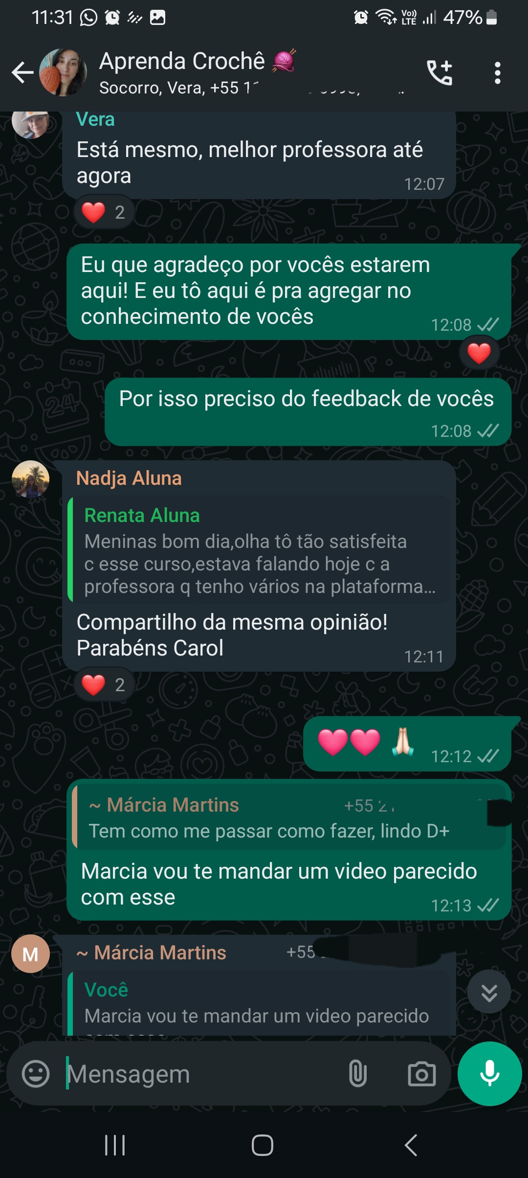 Depoimento da aluna Maria sobre o curso de crochê